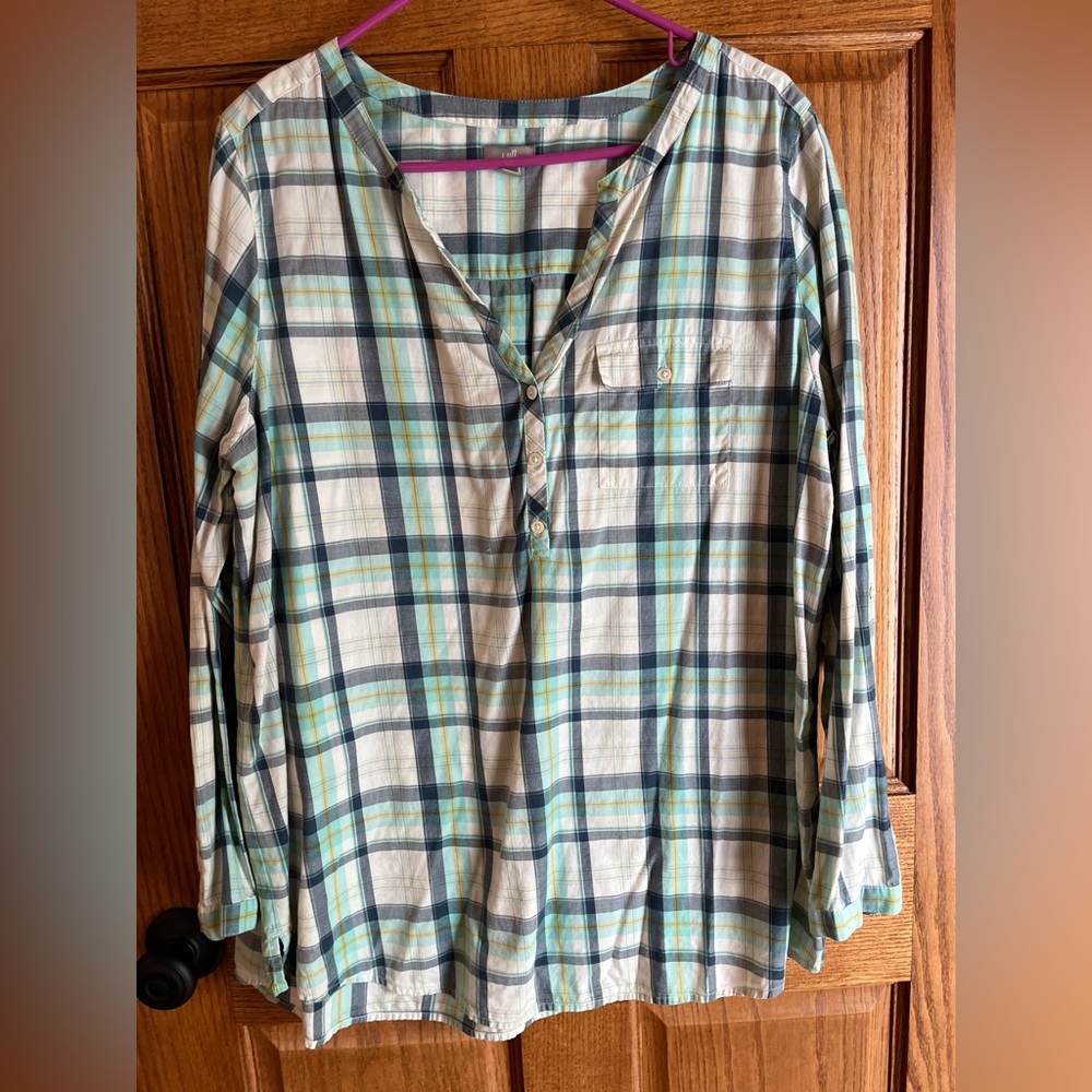 J Jill Plaid Shirt Size XL Blue Green  Lightweight Flannel Long Sleeves Tab